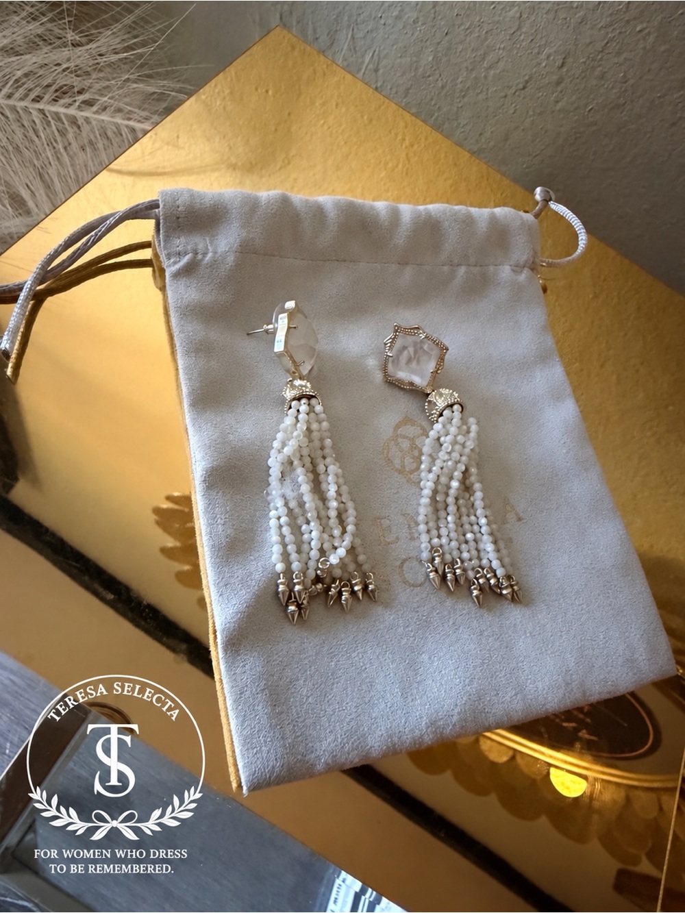 Kendra Scott White Beaded Tassel Statement Earrings Gold Tone